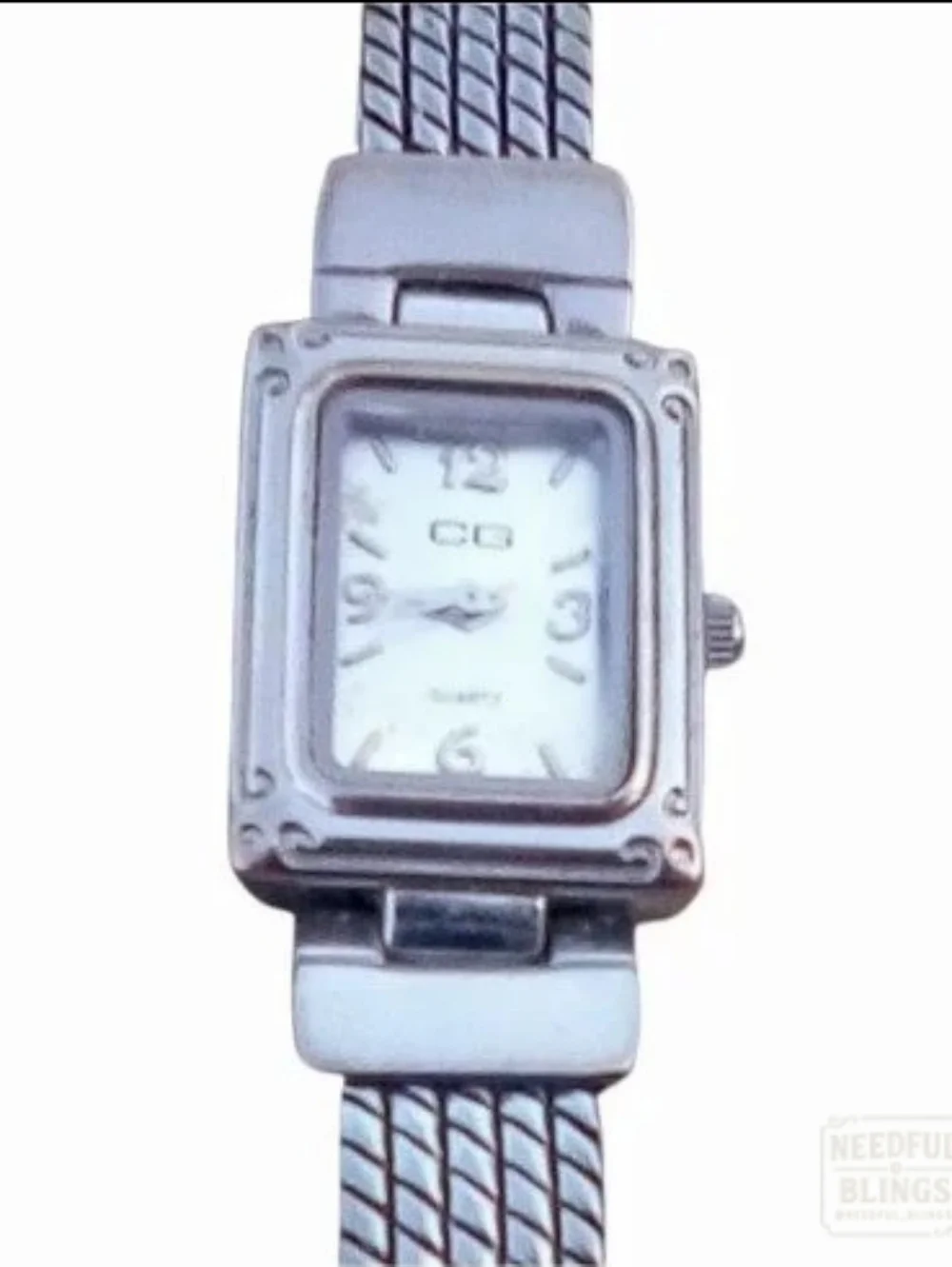 Vintage CG Quartz Watch Silver Tone Square White Dial Link Bracelet 7 In